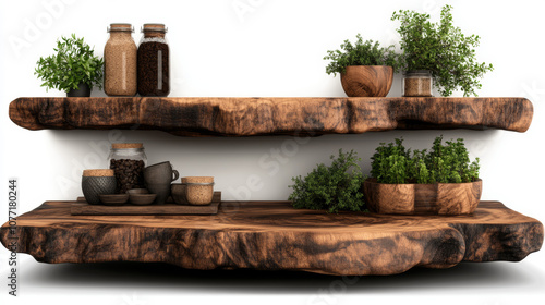 Rustic wooden shelves with greenery and jars, a minimalist home decor arrangement.