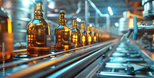 Production of brewing and bottling craft beer at a beer production plant. Conveyor with beer bottles.	
