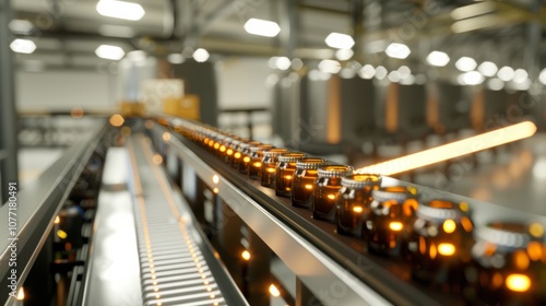 Production of brewing and bottling craft beer at a beer production plant. Conveyor with beer bottles.	
