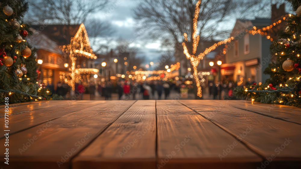 Fototapeta premium Wooden table set for display during holiday festivities in a bustling street at dusk