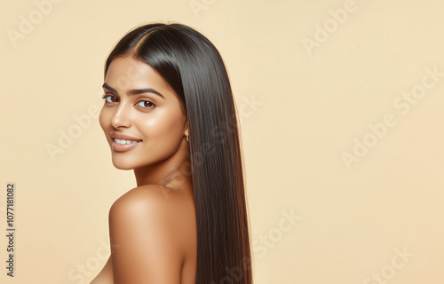 A young Indian woman in her early 20s with long, straight hair tucked behind her ear, smiling subtly, skin care concept photo