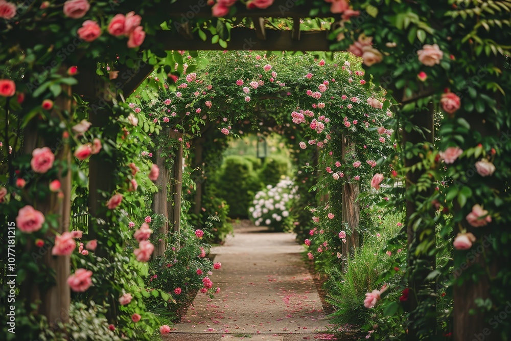 Fototapeta premium Pathway in a garden lined with blooming pink roses, Whimsical garden setting complete with blooming roses and ivy-covered archways
