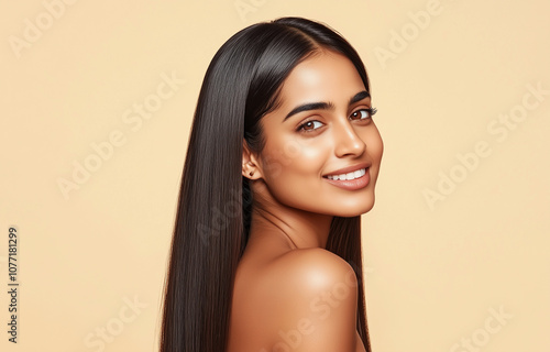 A young Indian woman in her early 20s with long, straight hair tucked behind her ear, smiling subtly, skin care concept photo