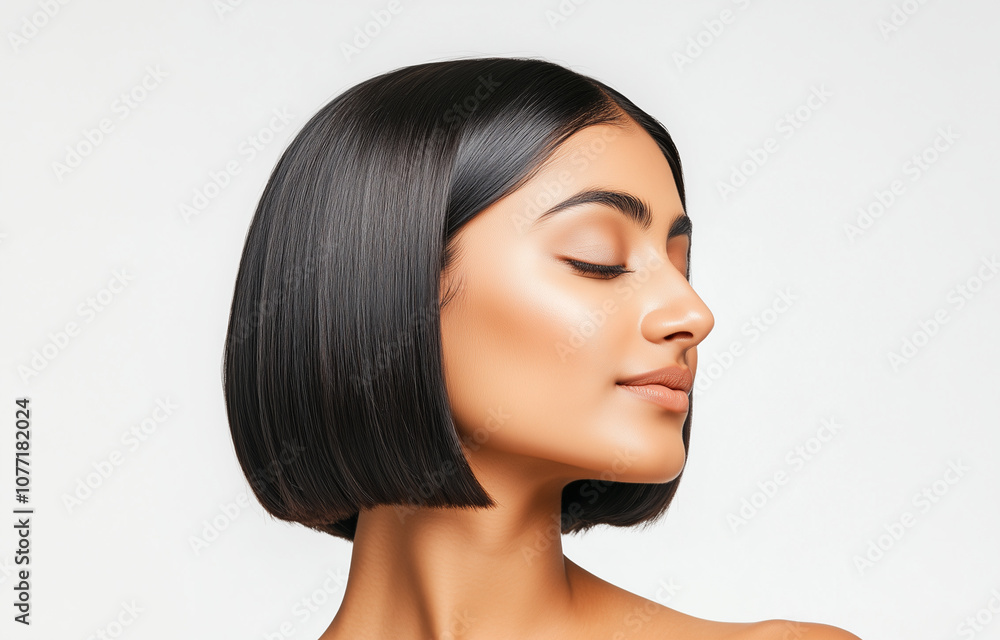 Obraz premium An Indian woman in her late 20s with a sleek, side-parted bob haircut, gazing gently downward, skin care concept