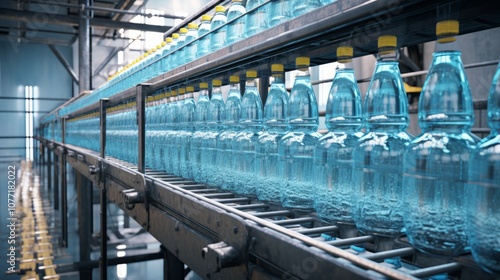 Production and bottling of clean and healthy water in a bottled water production plant. Conveyor with bottles.	