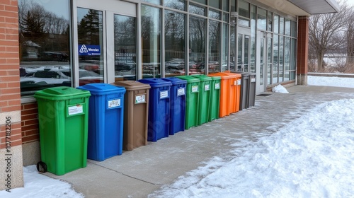 Recycling bins lined up by a school building entrance, ready for paper, plastic, and metal waste, promoting waste separation among students.