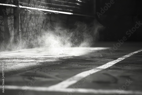 Black and white photo of smoke rising from the ground, Whispers of chalk dust rising from a freshly lined baseline photo