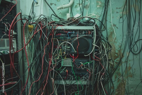 A mess of wires scattered across a room surrounding a malfunctioning communication device, Wires tangled in a mess around a malfunctioning computer tower