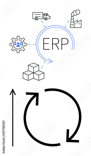 ERP with gear truck factory cubes symbolizes integration logistics automation, process, workflow, efficiency. Ideal for business, manufacturing, technology, logistics, process optimization