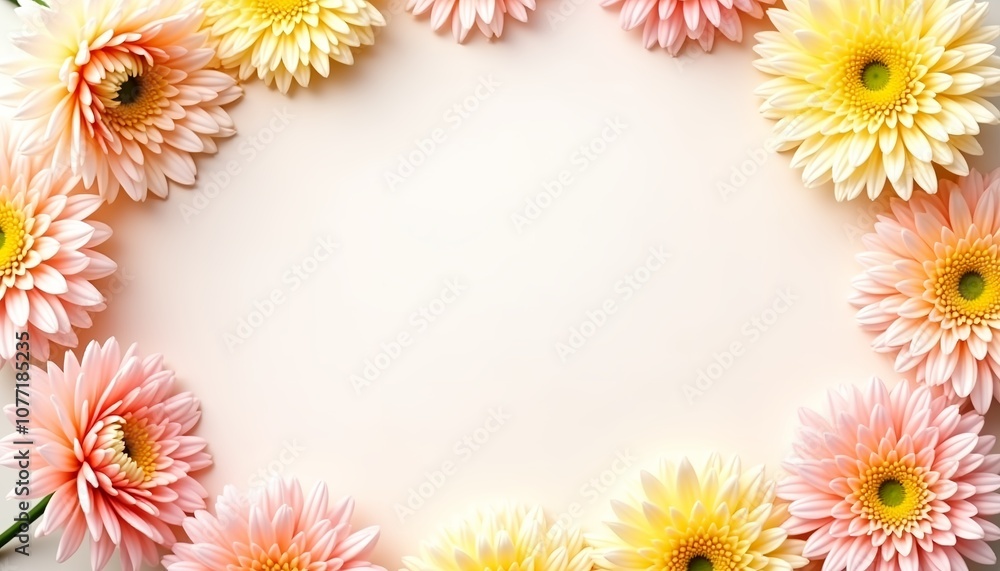 Fototapeta premium a frame of yellow and pink chrysanthemums, pastel colors, on a light background, with space for copying, a simple and delicate composition