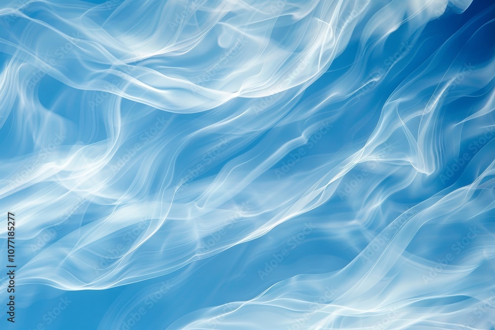 Fototapeta premium A blue and white background with wave-like patterns resembling wisps of clouds in the sky, Wisps of cloud-like shapes in a serene sky blue backdrop
