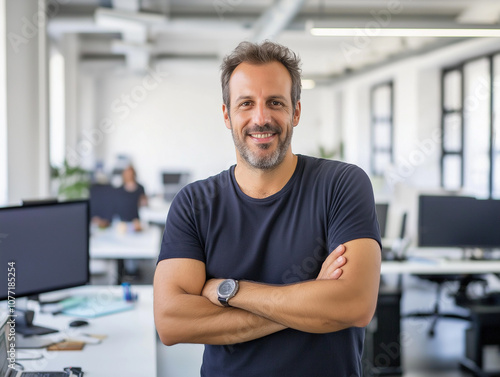 Young entrepreneur leaning confidently on desk photo