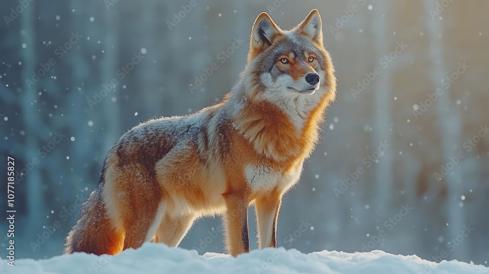Fototapeta premium A lone wolf stands in a snowy forest, looking towards the sun.