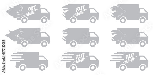 Delivery truck icon collection. Fast delivery, express delivery, fast delivery, logistic, signs. Vector Illustration. Grey Color White Background. 