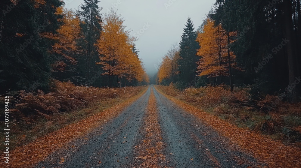 Fototapeta premium A misty autumn road through a forest, with fallen leaves lining the edges.