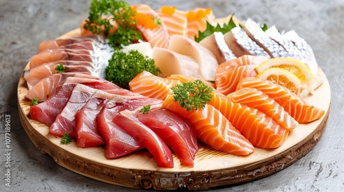 Sliced fish arranged on a white plate or wooden board. photo