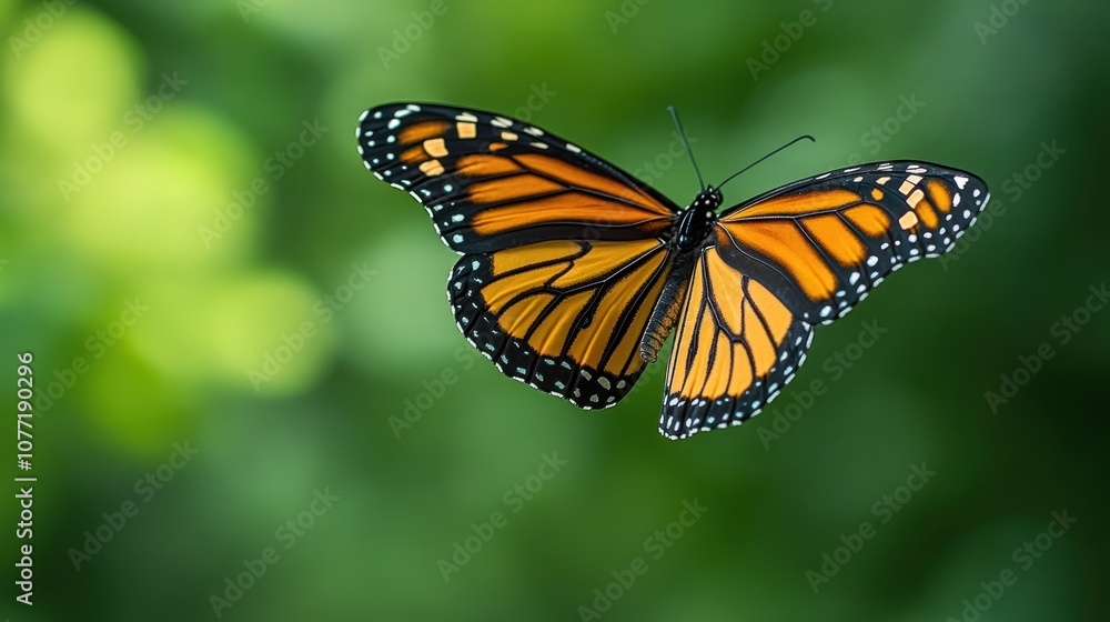 Obraz premium A monarch butterfly in mid-flight, wings spread wide, against a blurred green background.