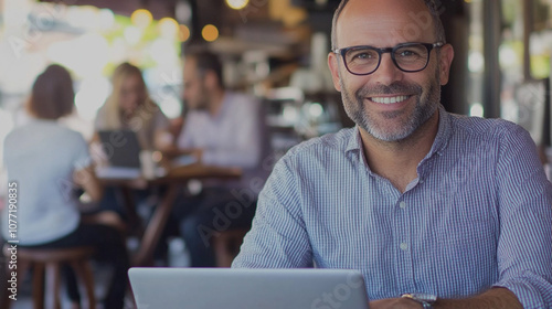 A smiling man in glasses sits at a café with a laptop, surrounded by other people working, conveying a relaxed and productive atmosphere.