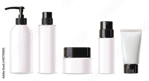 Realistic cosmetics, black white design, white bottle set, packaging mockup, skin care, hydration cream, toner, cleanser, serum, beauty card, face treatment, isolated