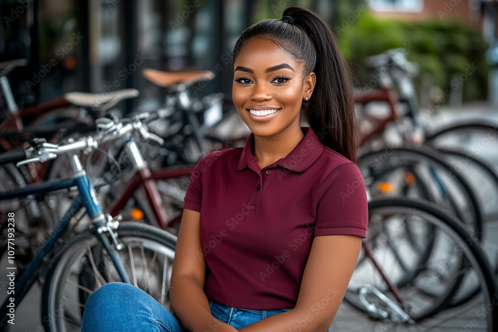 Obraz premium Young African saleswoman in a burgundy polo shirt working in a busy bicycle store, surrounded by various colorful bikes.