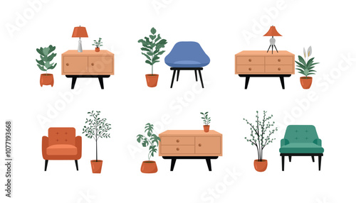 Set of living room illustration. Collection of living room object. Elegant sofa. Desk illustration. Home furniture. Potted plant. 