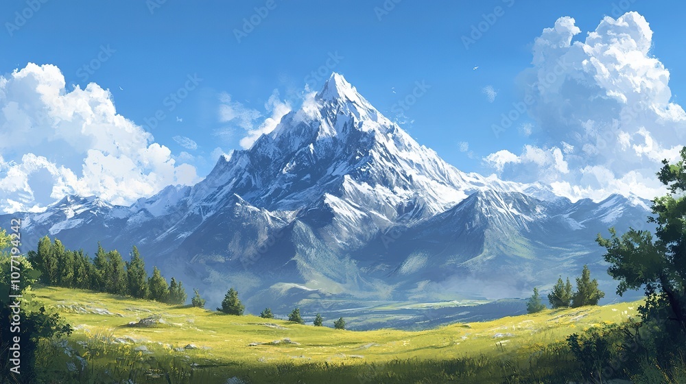 Fototapeta premium Solitary mountain peak, clear skies, vast wilderness, peaceful isolation.