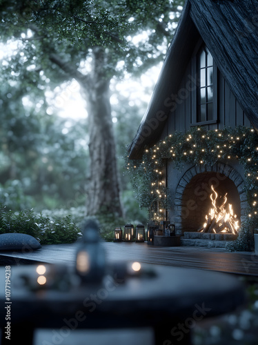 Cozy cabin with a glowing fireplace and festive lights