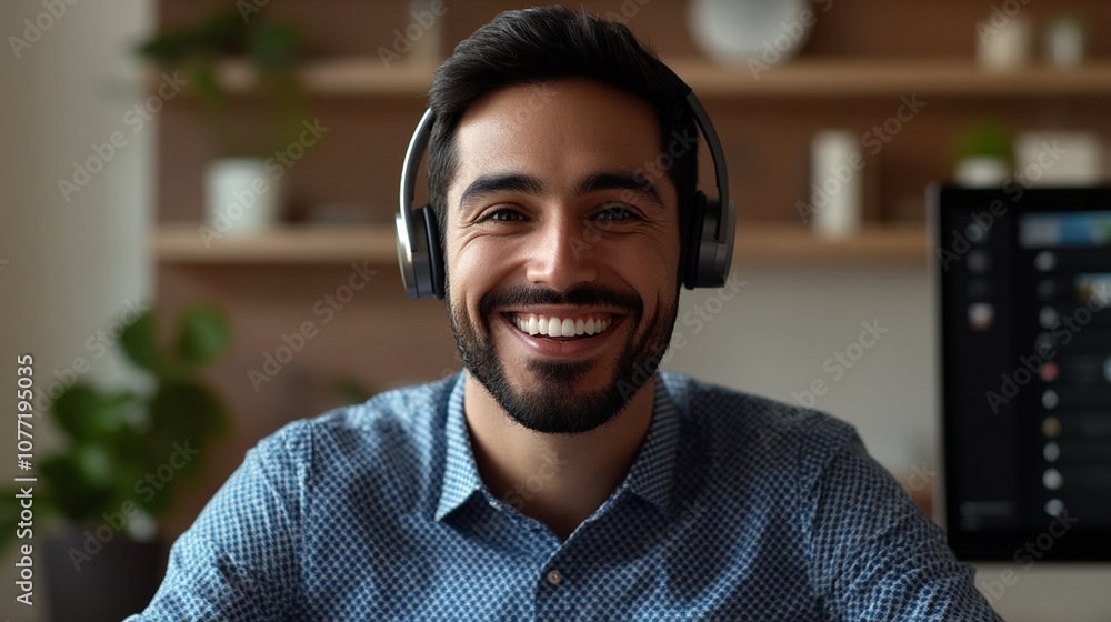 Fototapeta premium Close-up of a smiling employee wearing a headset while speaking on a video call.