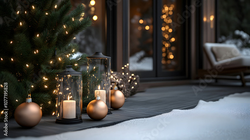 Warm Christmas lights and ornaments on a snowy patio