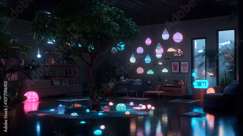 Vibrant indoor festive scene with glowing decorative lights