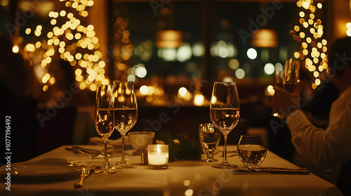 A festive New Years Eve dinner in a chic restaurant with mood lighting elegant table settings and people toasting. photo