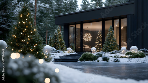 Modern home with festive Christmas lighting in snowy landscape