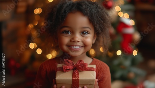 Joyful Child Holding a Wrapped Christmas Gift by the Festive Tree