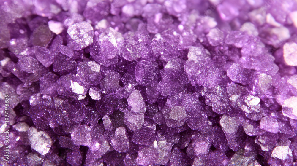 Fototapeta premium Vibrant purple crystals create stunning texture, showcasing their unique shapes and sparkling facets. This close up captures beauty of these mineral formations