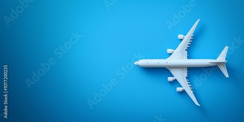 Top view of white toy airplane model over the blue color background