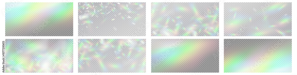 Obraz premium Rainbow light prism effect, transparent background. Hologram reflection, crystal flare leak shadow overlay. 