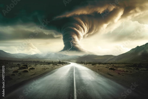 A striking tornado forms under turbulent clouds with lightning over a mountain road scene, encapsulating the raw energy and beauty of extreme weather conditions. photo