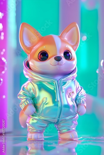 Adorable Chibi Corgi in Playful Holographic Attire Posing Against Neon Pastel Background photo