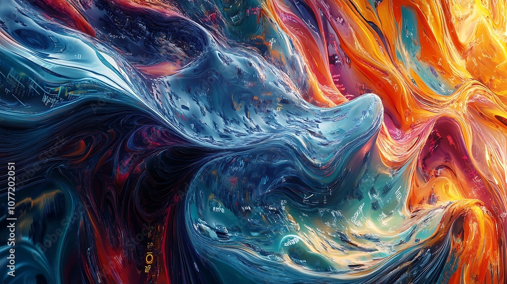 Obraz premium Abstract Digital Art with Blue, Orange, and Red Swirls