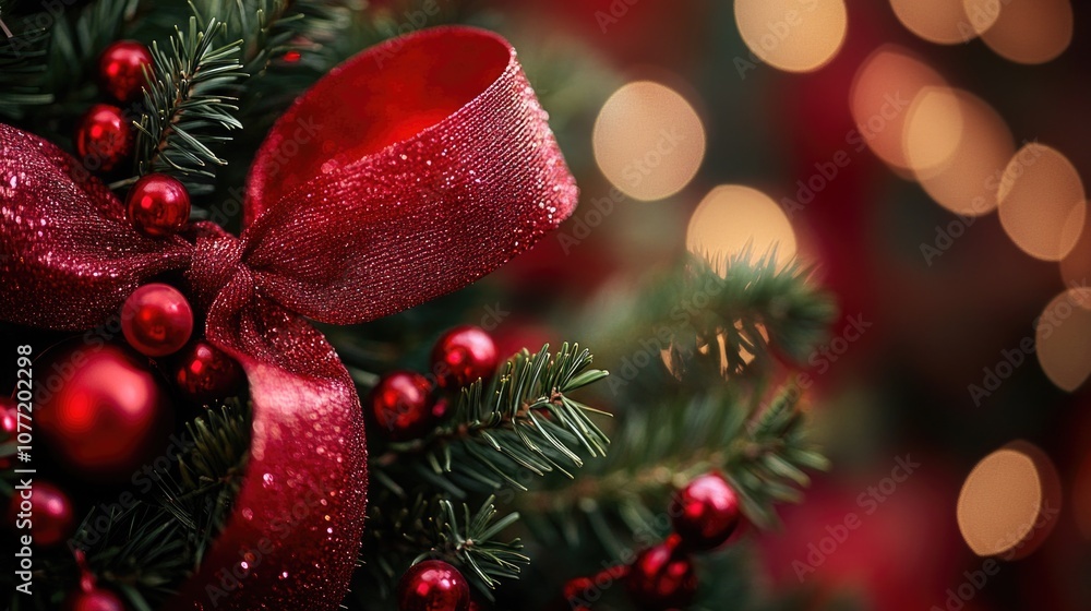Obraz premium A close-up shot of a Christmas tree decorated with a red bow, perfect for holiday greeting cards or seasonal promotions