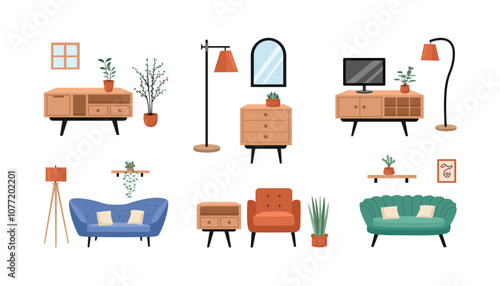 Television desk illustration. Wooden desk illustration. Dressing table. Living room illustration set. Collection of living room. Potted plant. 