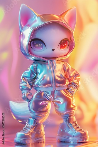 Chibi Mechanical Foxe in Neon Holographic Reflective Outfit on Vibrant Pastel Background photo