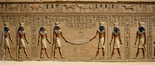 Intricate hieroglyphics on an ancient Egyptian temple wall