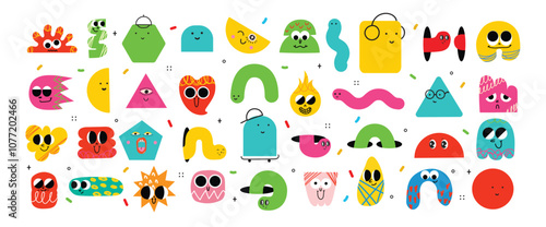 Funny cartoon characters mascots in trendy retro style and different geometric shapes. Hand drawn abstract funny cute comic characters sticker pack. Diversity concept.