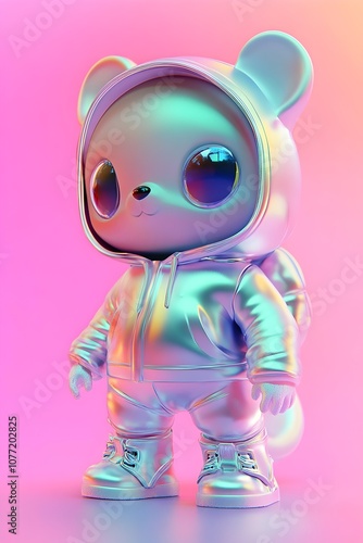 Cute Chibi Squirrel Anime Figure in Vibrant Neon Holographic Outfit on Pastel Mint Background photo