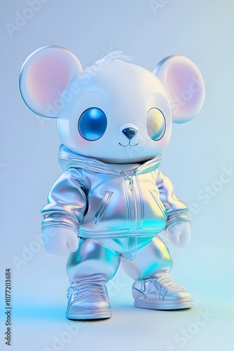 Mechanical Chibi Koala Wearing Hoodies in Neon Holographic Prismatic Blind Box Style photo