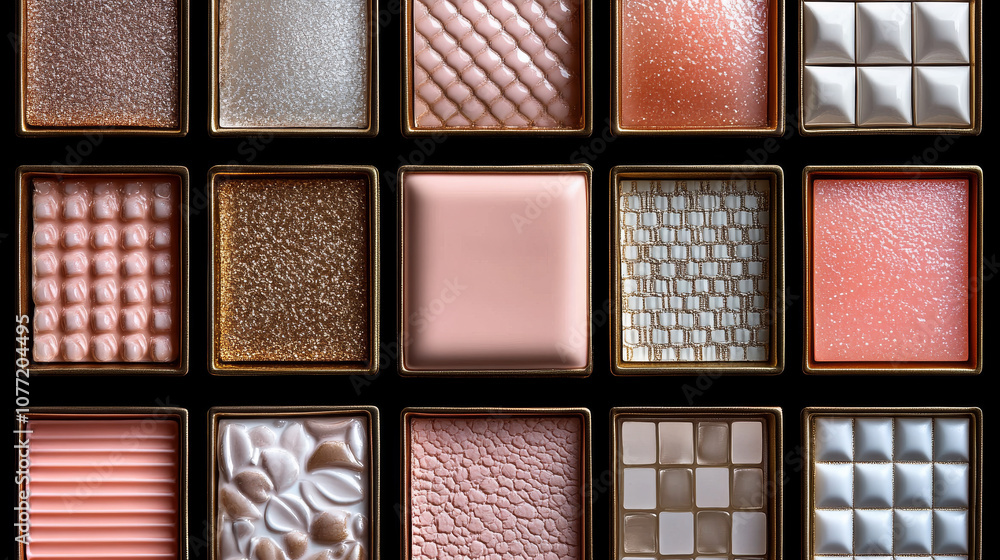 Fototapeta premium collection of textured chocolate squares in various colors and patterns, showcasing luxurious and elegant design. Perfect for dessert lovers and confectionery enthusiasts