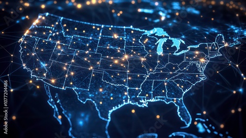 Digital Communication Network Map of United States with Glowing Nodes and Connecting Lines at Night Illustrating Technological Infrastructure and Connectivity