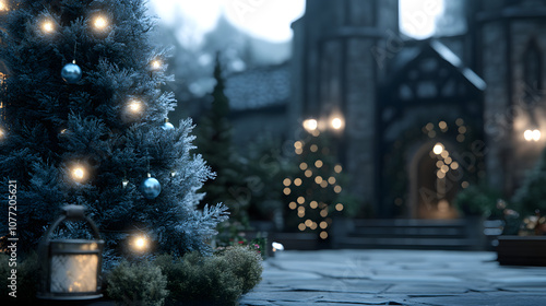 Frosted Christmas tree with glowing ornaments