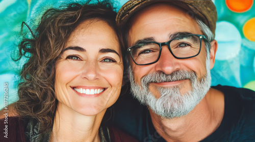 Smiling couple with a colorful background.